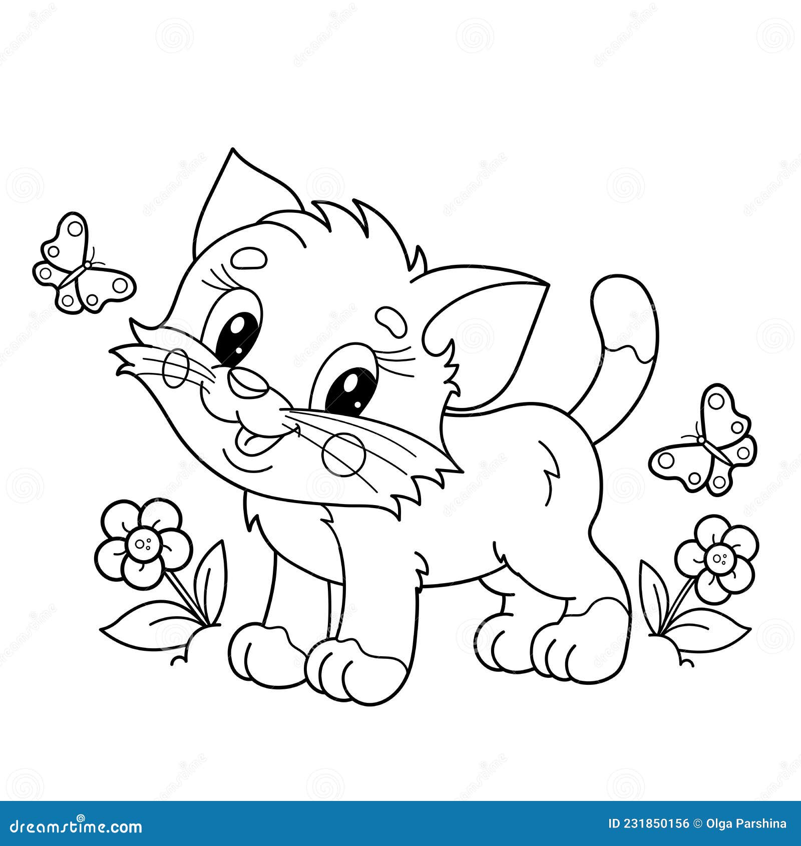 Coloring page outline of cartoon little cat on flower clearing cute kitten with butterfly pet stock vector