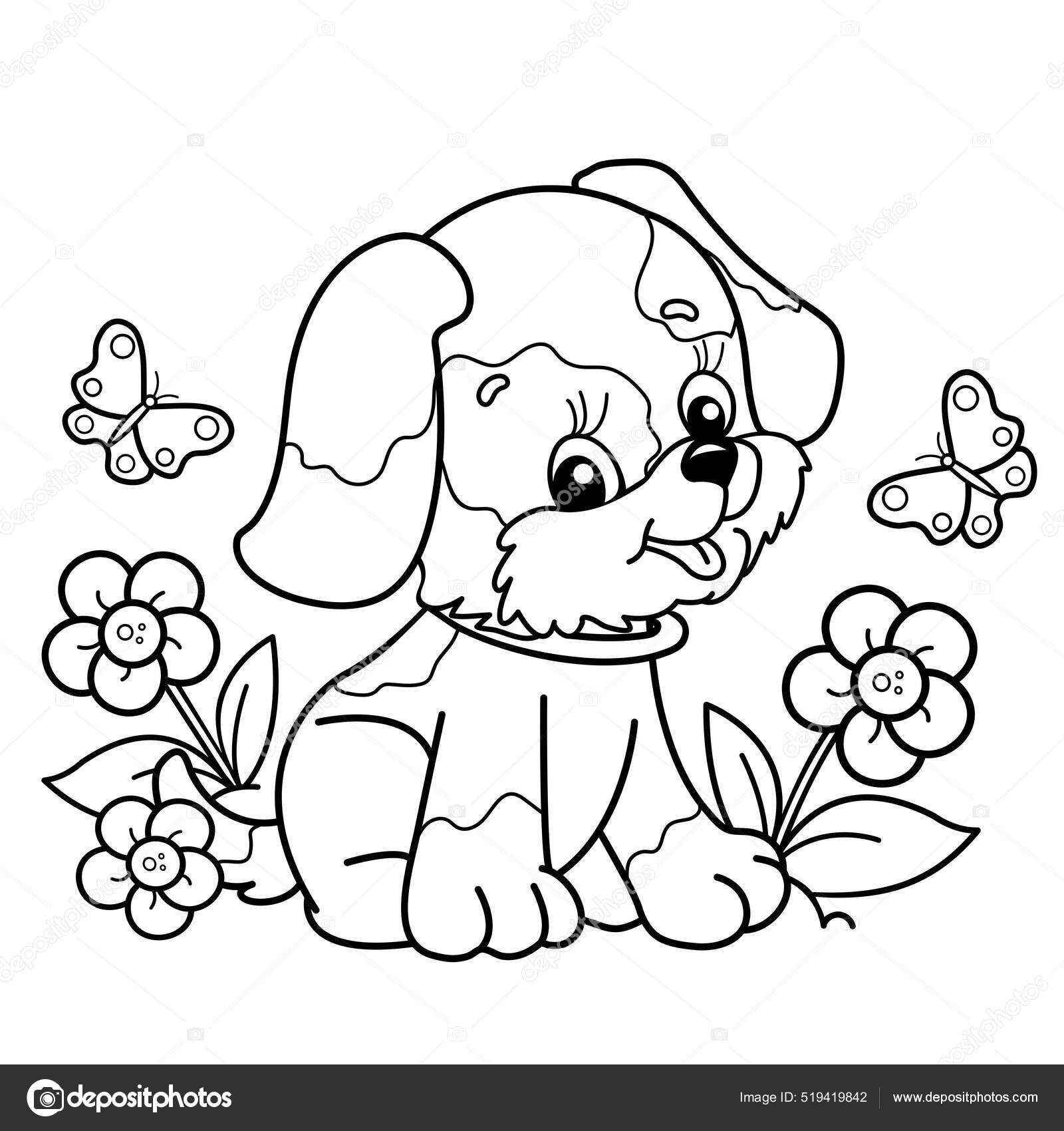 Coloring page outline cartoon little dog flower clearing cute puppy stock vector by oleon