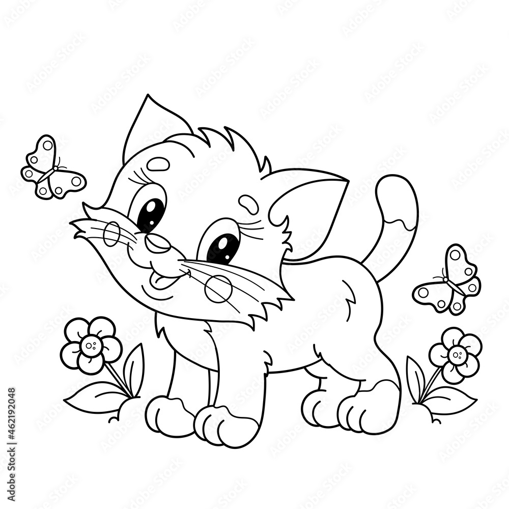 Coloring page outline of cartoon little cat on flower clearing cute kitten with butterfly pet coloring book for kids vector