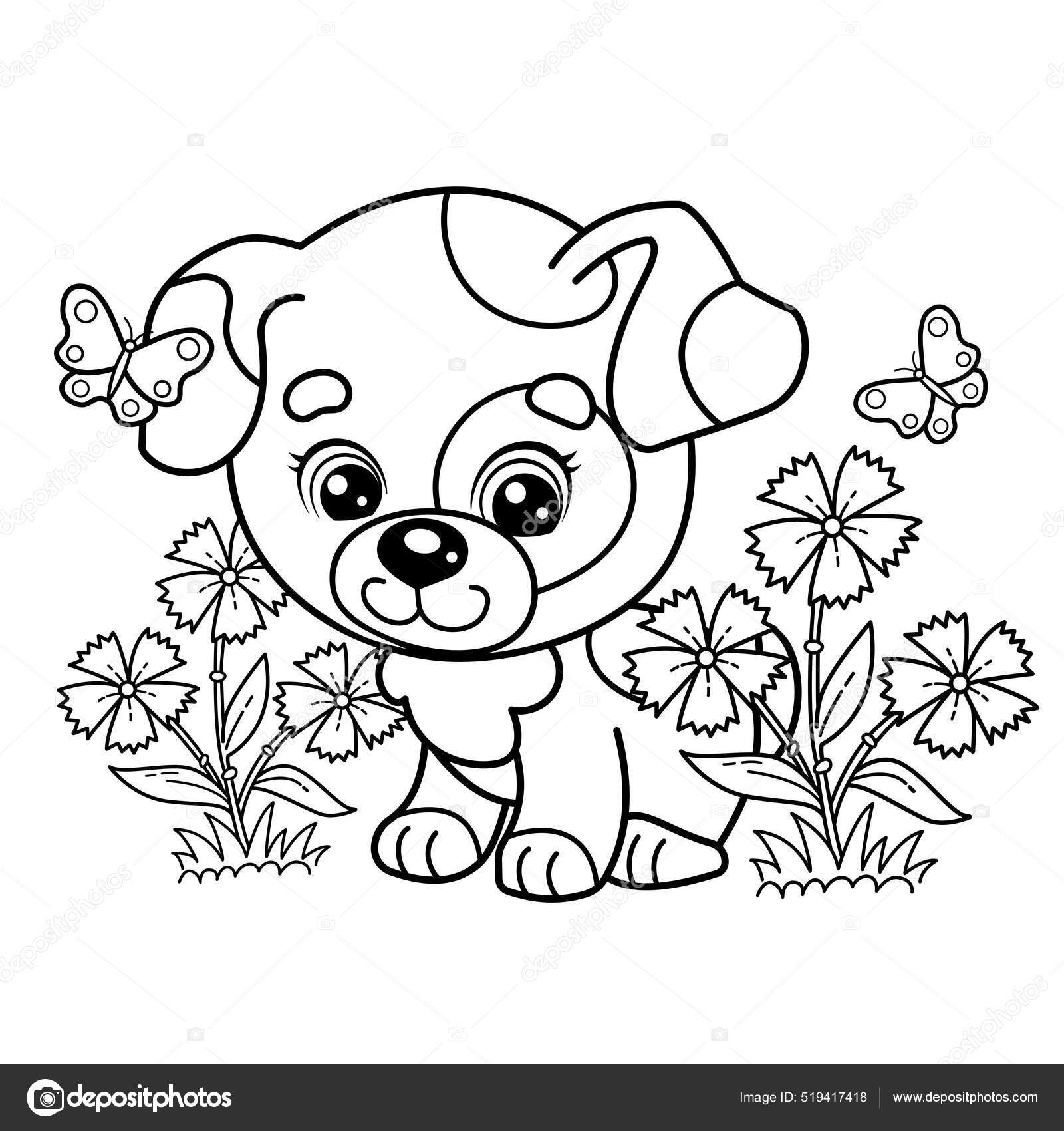 Coloring page outline cartoon little dog flower clearing cute puppy stock vector by oleon