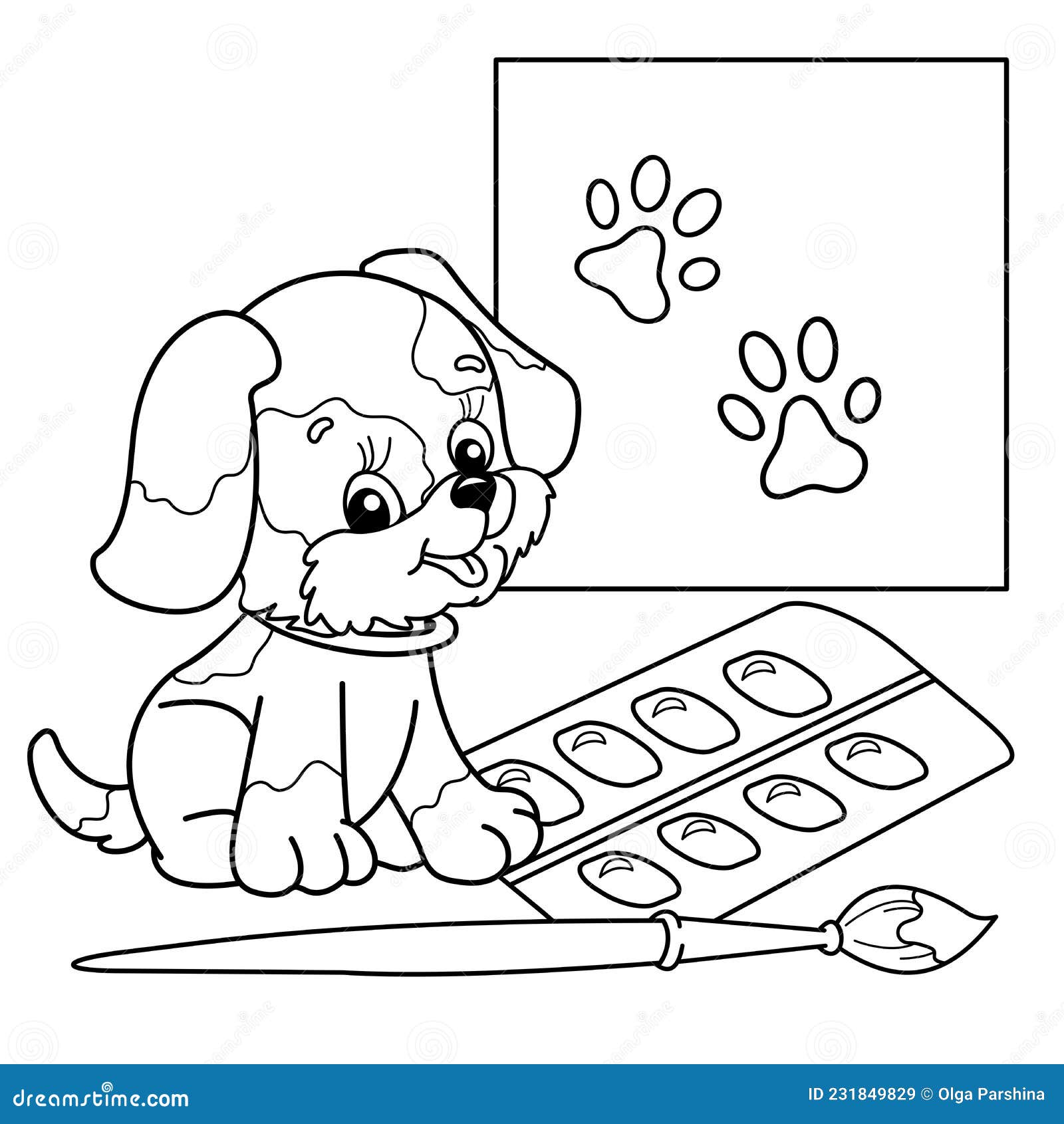 Coloring page outline of cartoon little dog with brush and paints cute puppy artist pet stock vector