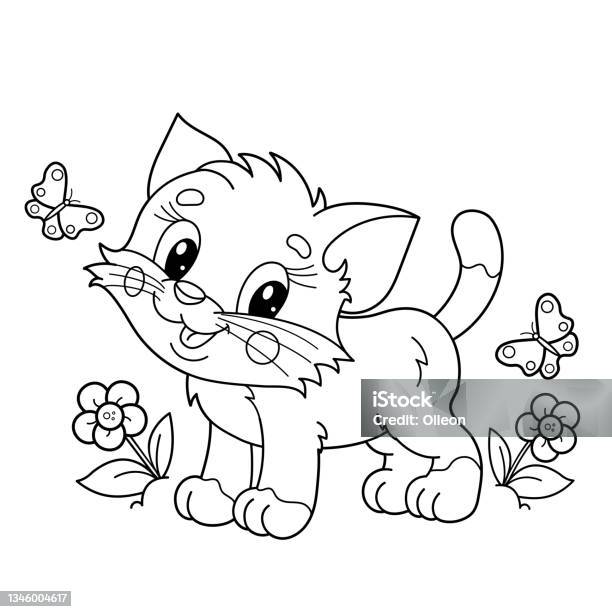 Coloring page outline of cartoon little cat on flower clearing cute kitten with butterfly pet coloring book for kids stock illustration