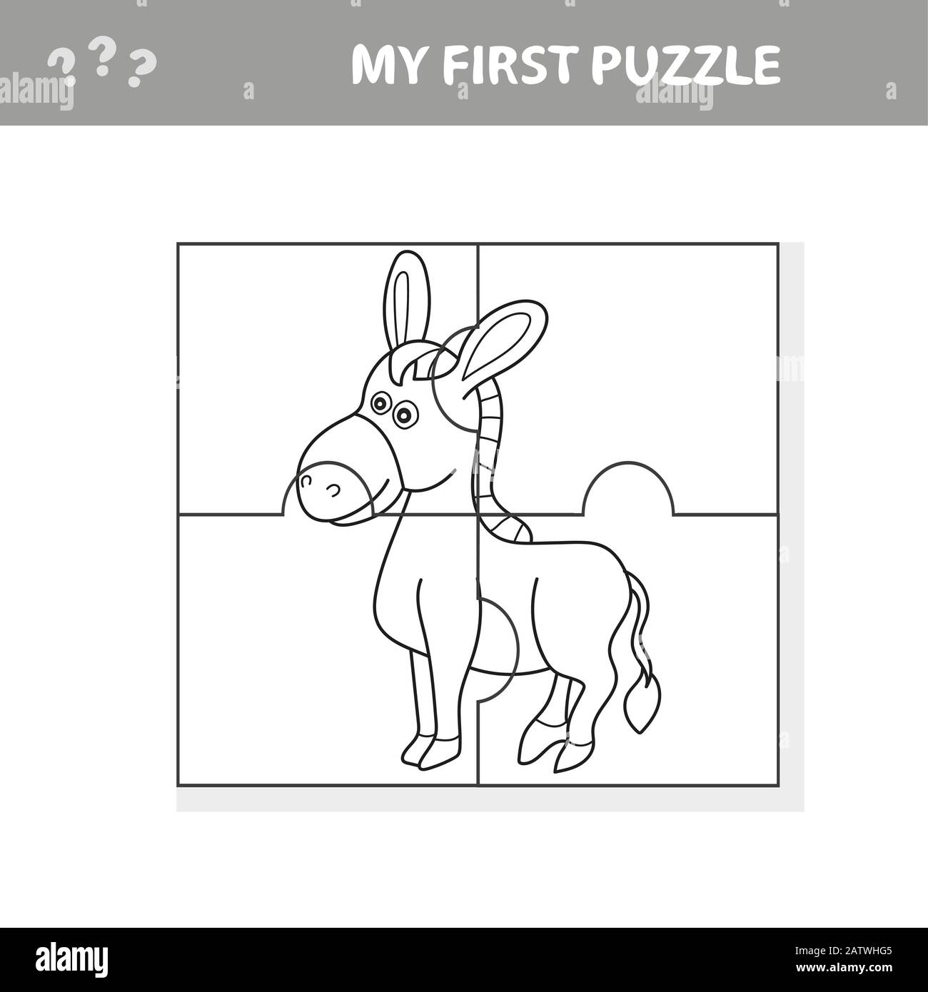 Cartoon vector illustration of education jigsaw puzzle game for preschool children with funny donkey farm animal