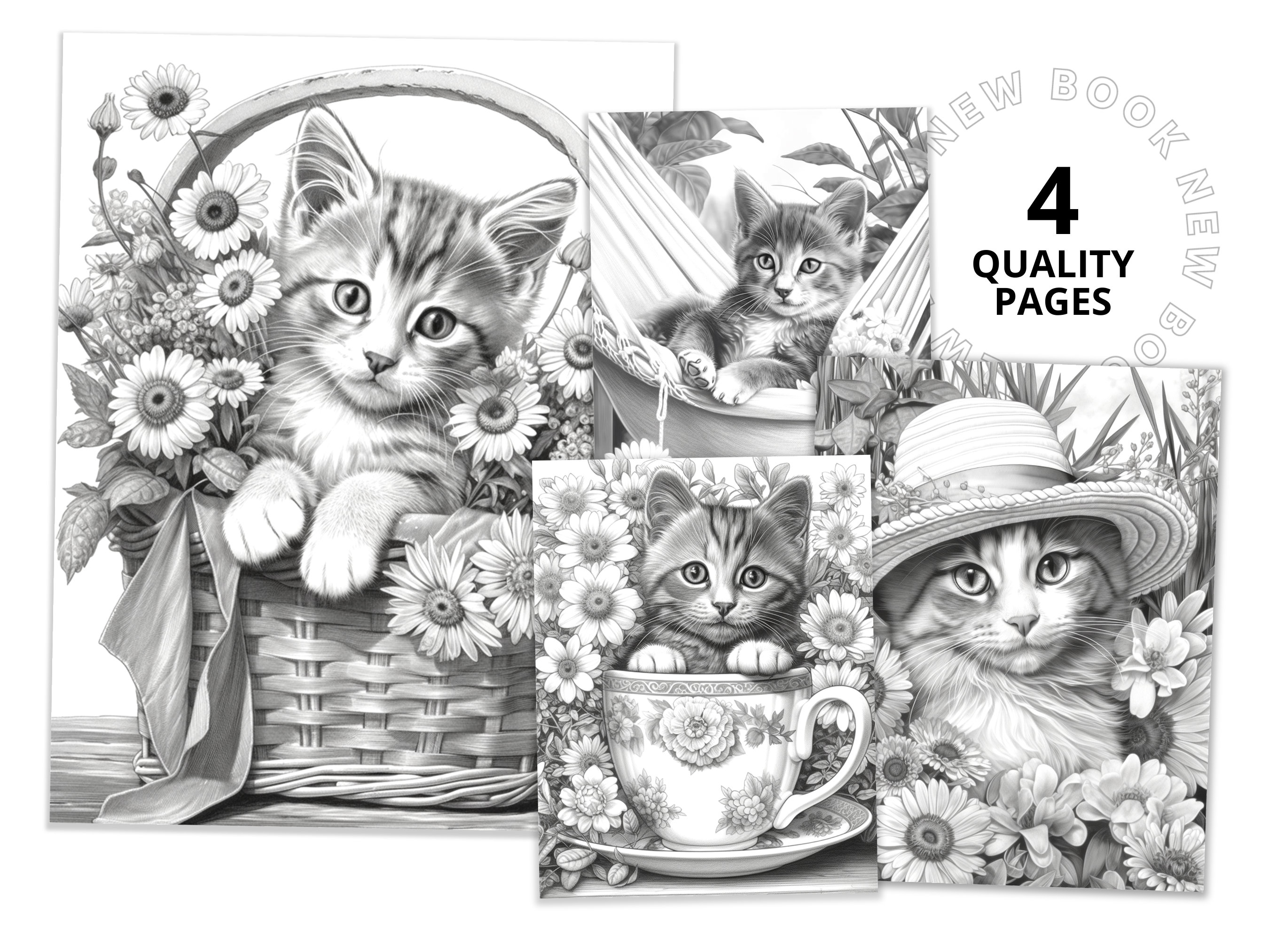 Cute cats with flowers coloring book printable coloring pages for adult coloring book digital download grayscale coloring page