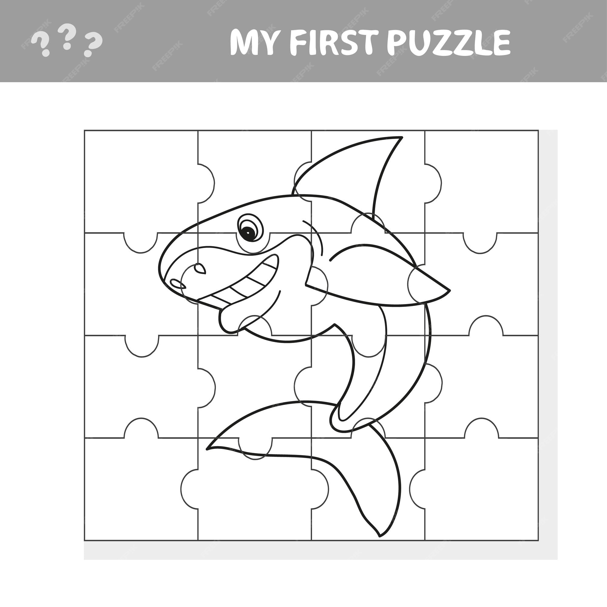 Premium vector cartoon vector illustration of education jigsaw puzzle game for preschool children with funny shark fish animal