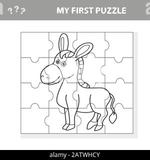 Cartoon vector illustration of education jigsaw puzzle game for preschool children with funny donkey farm animal