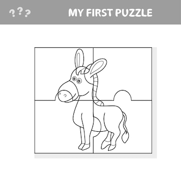 Premium vector cartoon vector illustration of education jigsaw puzzle game for preschool children with funny donkey farm animal