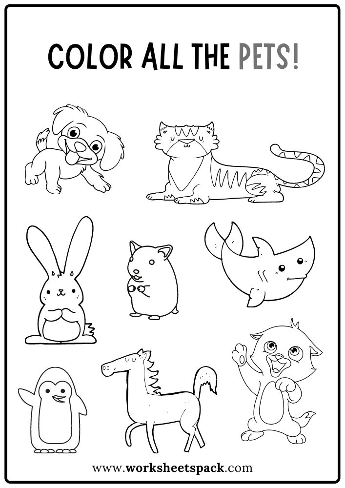 Color all the pets worksheet free pet animals colorg book pdf