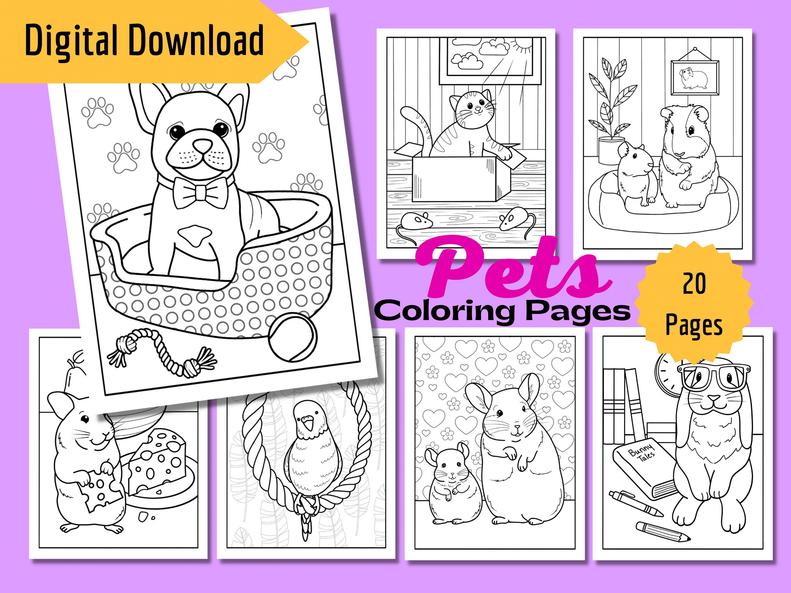 Kids animal coloring pages easy coloring pages coloring printable pets coloring sheets instant download preschool coloring pages download now