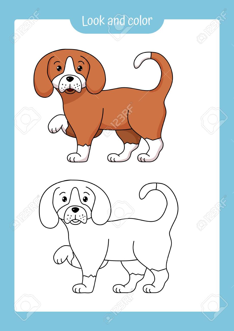 Look and color coloring page outline of a dog with colored example vector illustration coloring book for kids preschool activities royalty free svg cliparts vectors and stock illustration image