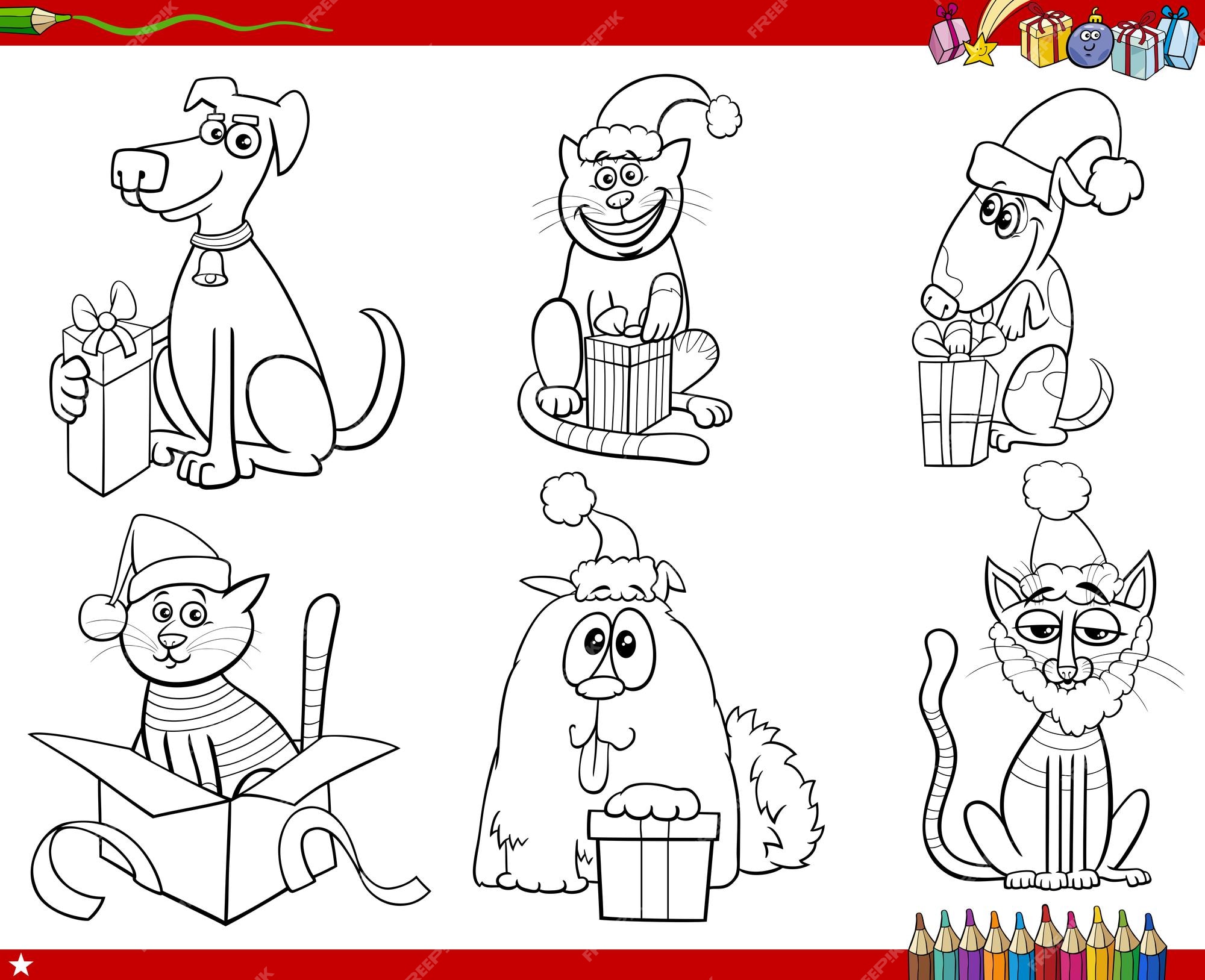 Premium vector cartoon dogs and cats with christmas gifts set coloring page