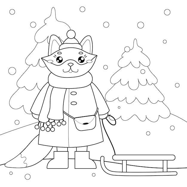 Premium vector cute winter coloring page cartoon fox in a coat fox with a sledge in the forest