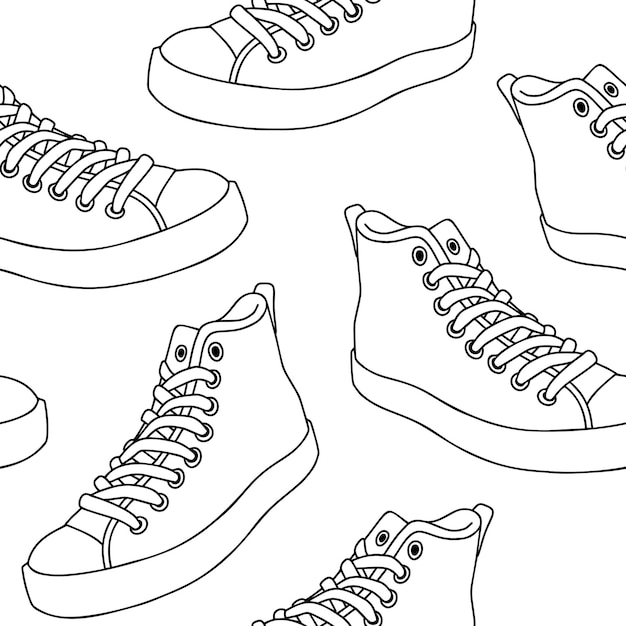 Premium vector seamless pattern with outline sneakers black and white vector graphics