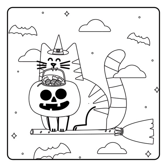 Cat halloween coloring pages kitten halloween printable book pumpkin kitty moon digital download not a physical product