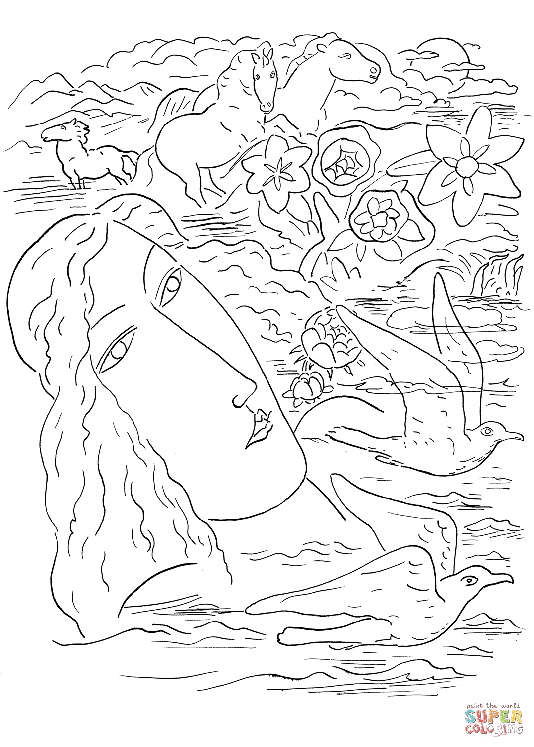 Female seagulls horses and flowers coloring page free printable coloring pages