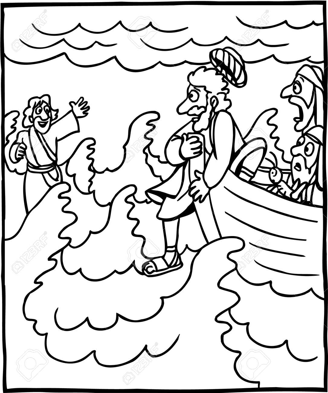 Coloring page of jesus and peter walking on water royalty free svg cliparts vectors and stock illustration image