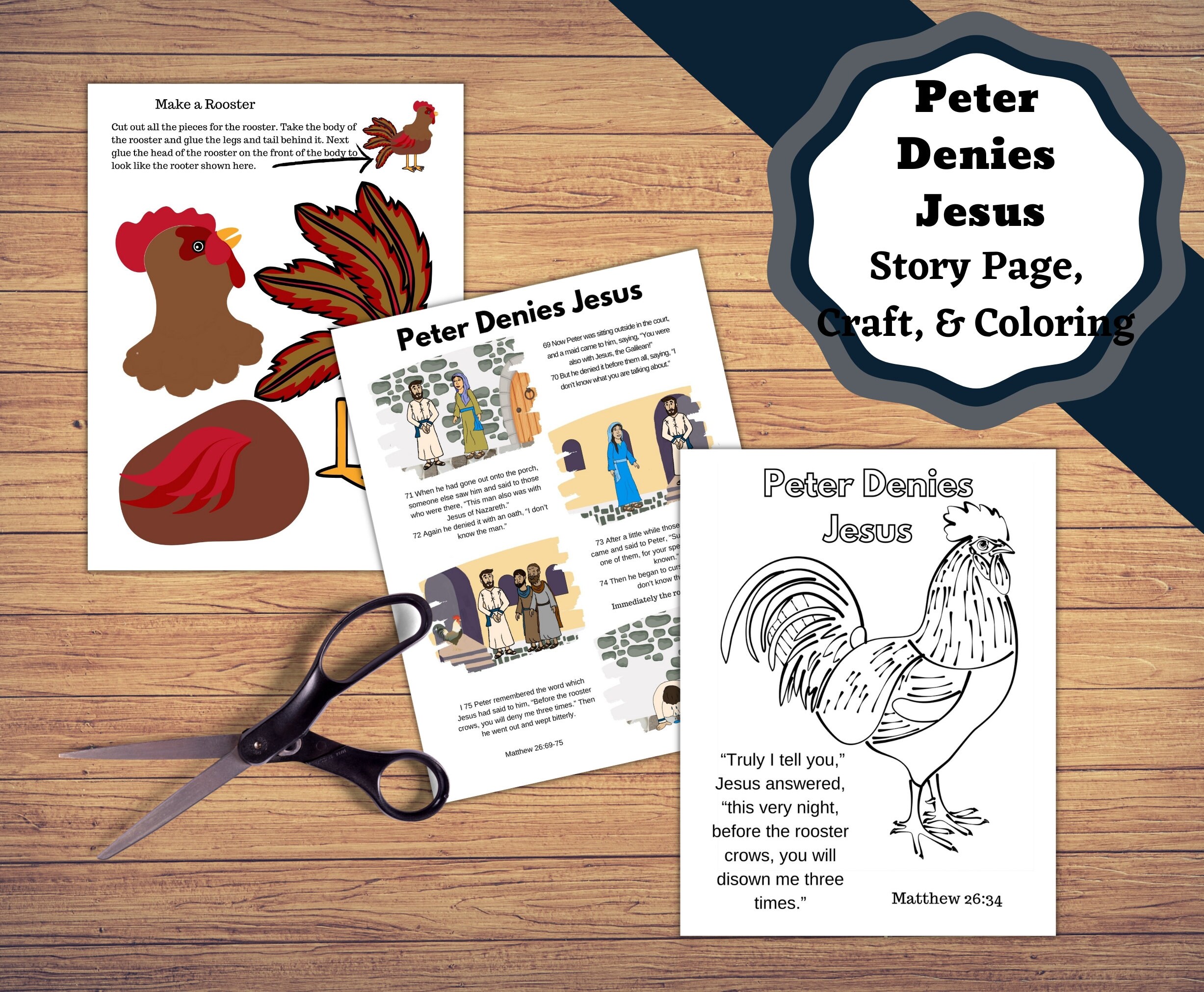 Printable peter denies jesus peter denies jesus three times before the rooster crows story craft and rooster