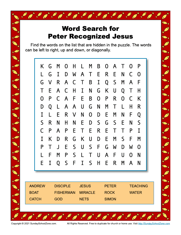 Peter recognized jesus word search on sunday school zone