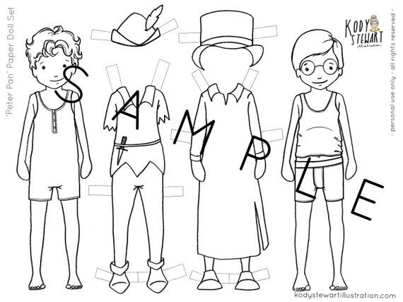 Paper doll printable peter pan set craft kit birthday party adult colouring sheet modern paper doll printable quarantine craft