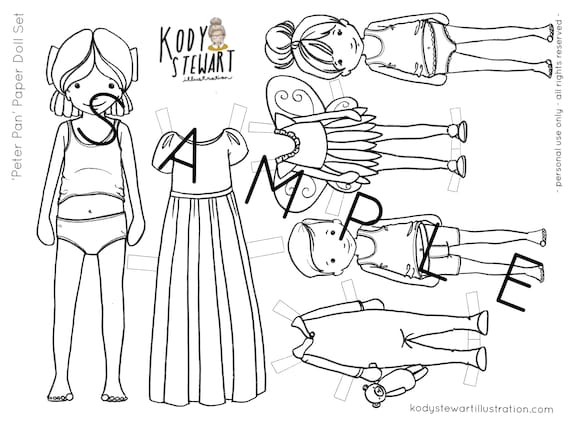 Paper doll printable peter pan set craft kit birthday party adult colouring sheet modern paper doll printable quarantine craft