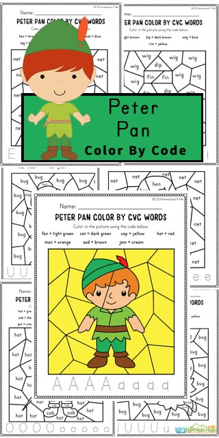 Free peter pan color by cvc word worksheets