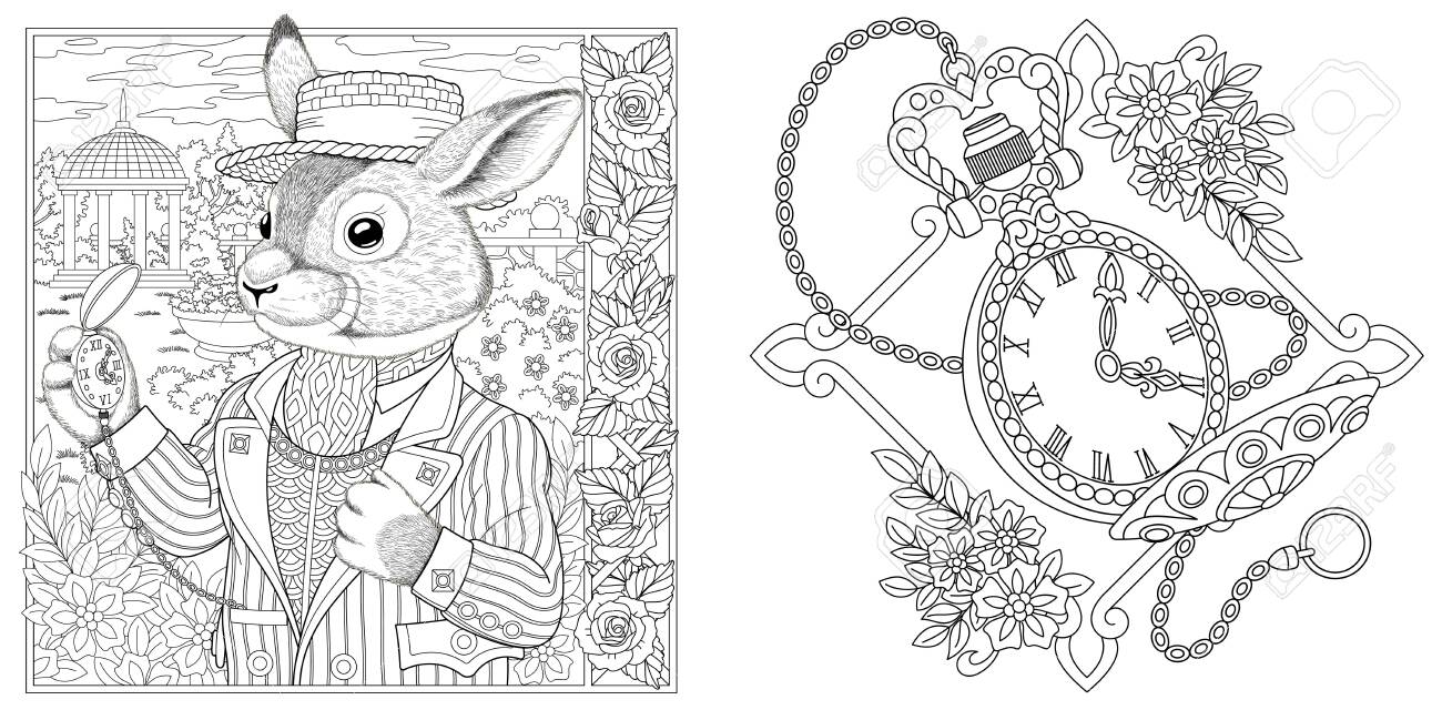 Coloring pages rabbit man with vintage clock on chain line art design for adult colouring book with doodle and elements vector illustration royalty free svg cliparts vectors and stock illustration image