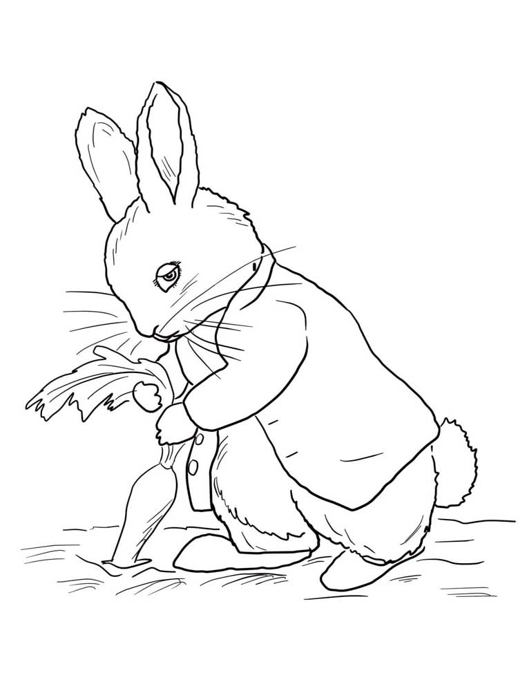 Drawing of peter rabbit uprooting carrots coloring page