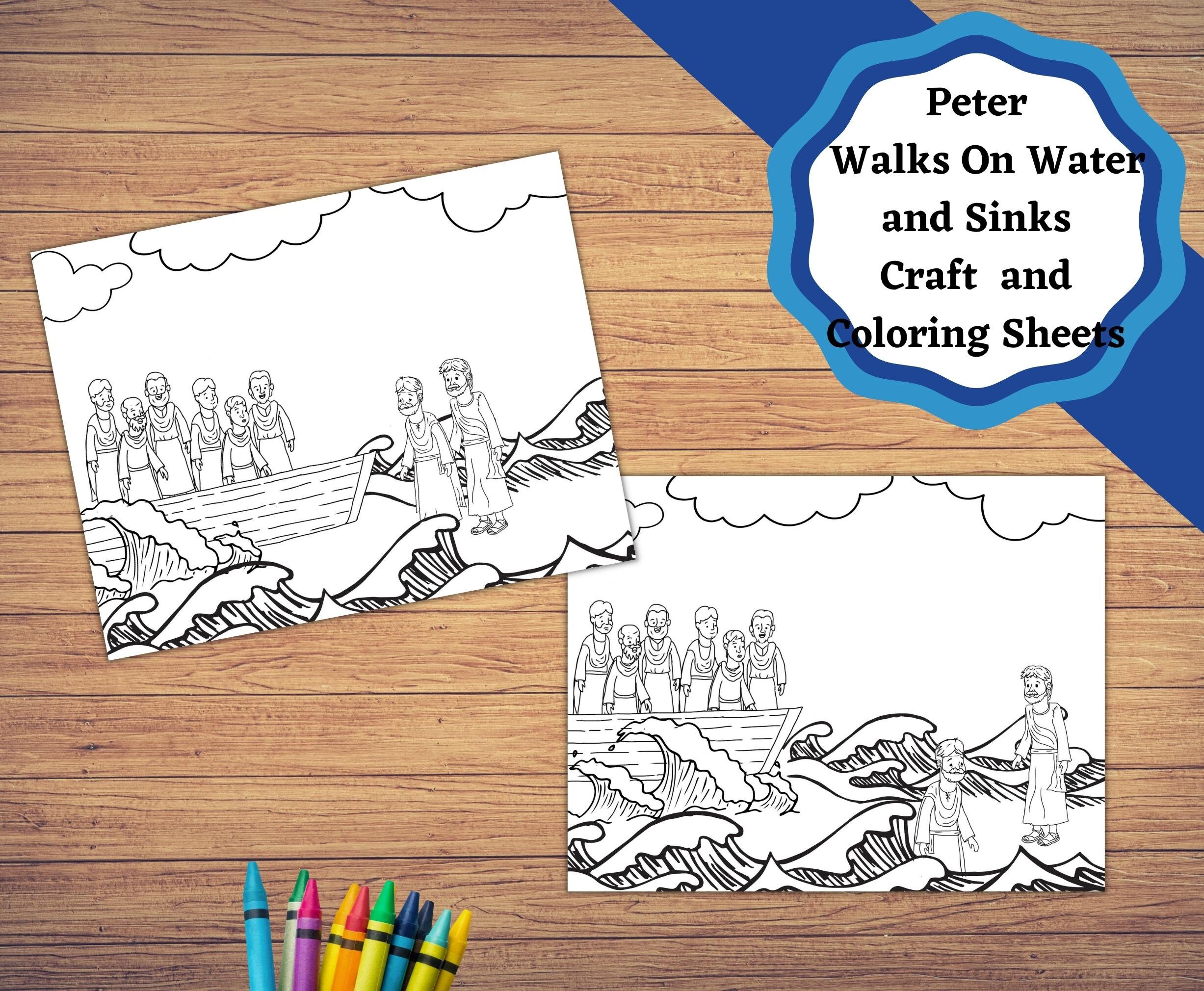 Peter walks on water and sinks beneath the water printable craft and coloring sheets