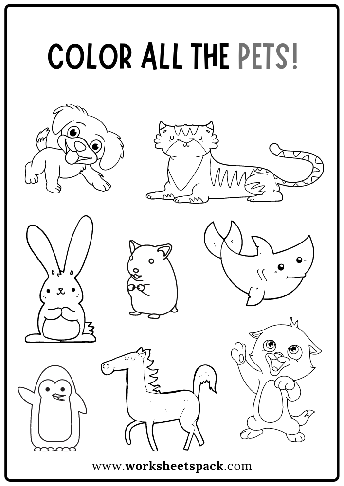 Color all the pets worksheet free pet animals coloring book pdf