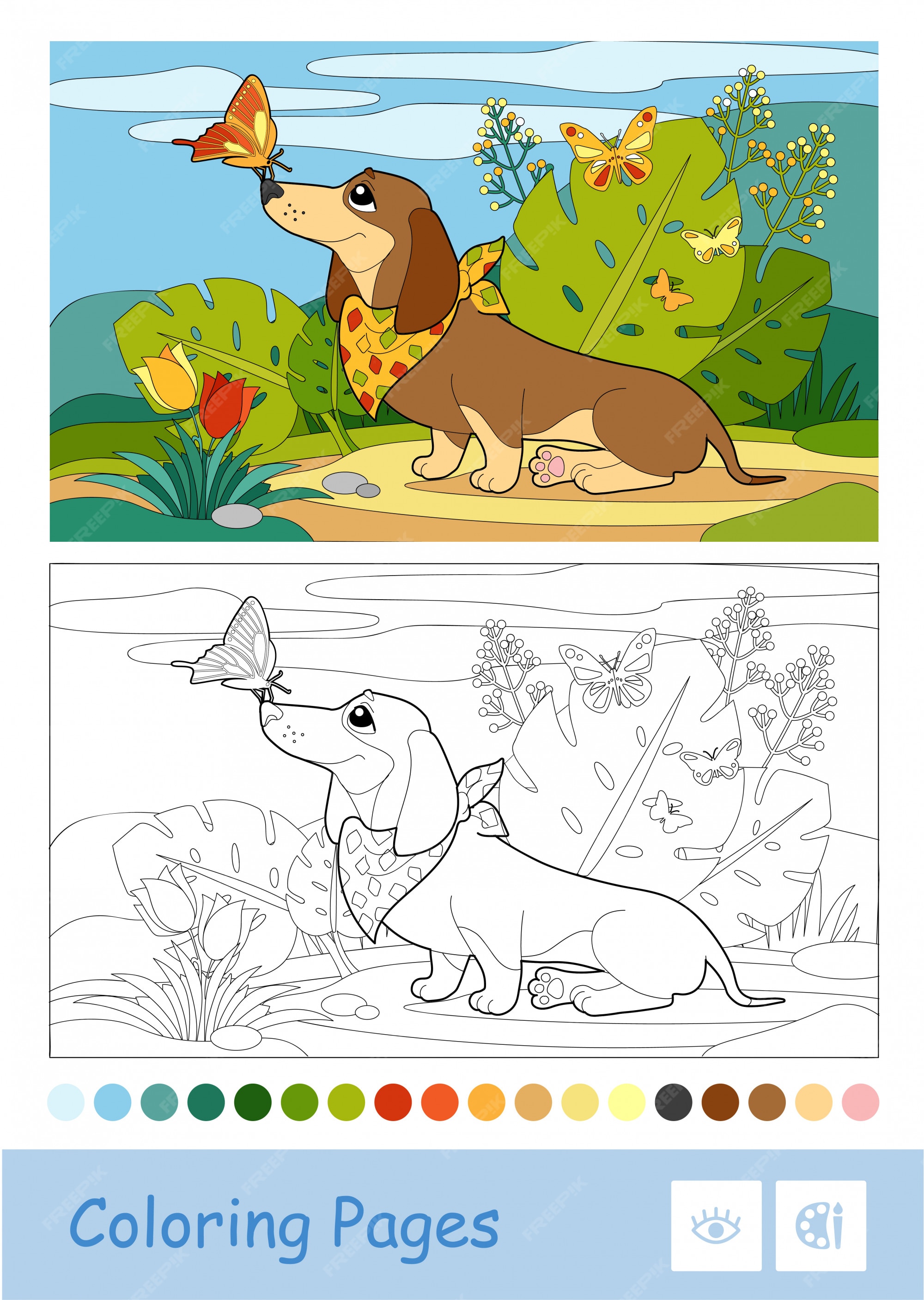 Premium vector colored template and colorless contour image of a dog playing with butterflies on a meadow pets preschool kids coloring book illustrations and developmental activity