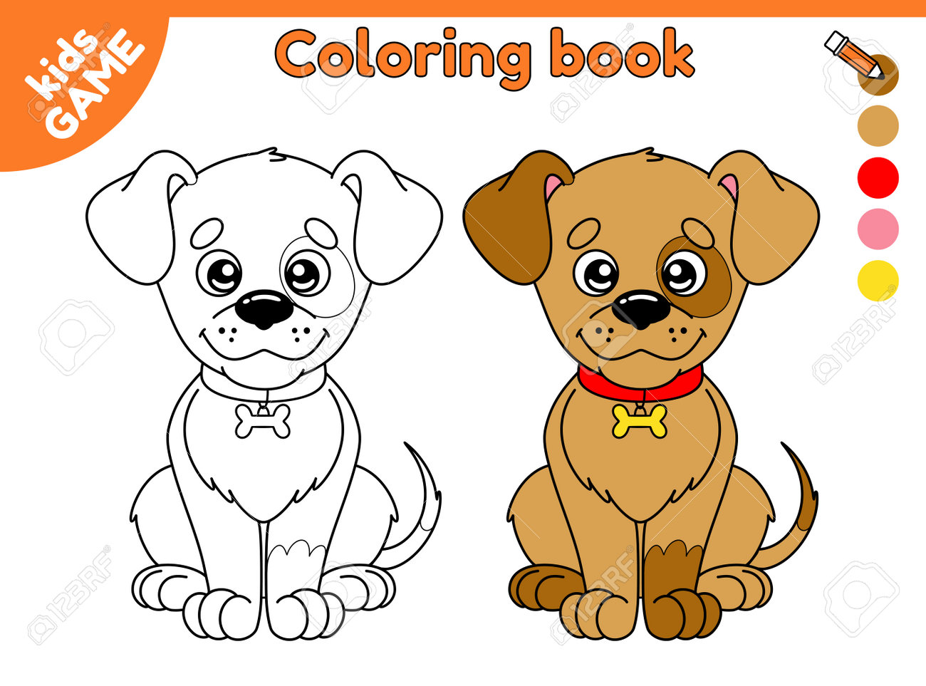 Dog outline and colorful dog page of coloring book kids game color the cartoon puppy worksheet for preschool and school children vector illustration with cute pet animal in childish style royalty free