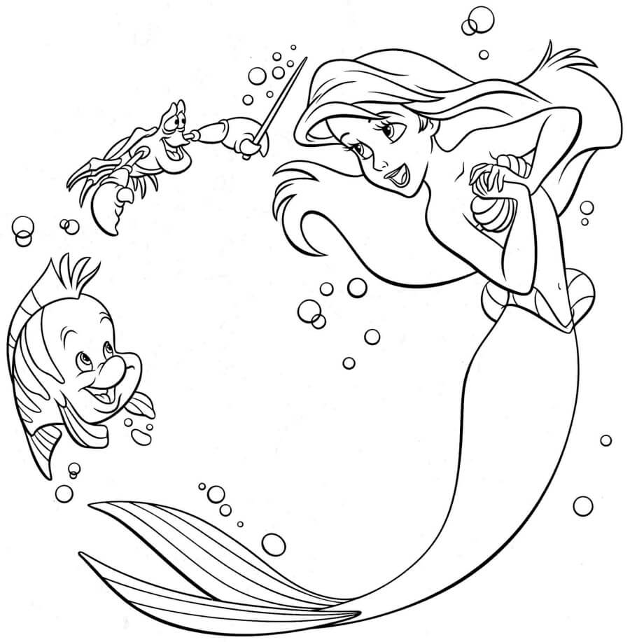 Ariel con pescado y cangrejo para colorear imprimir e dibujar â