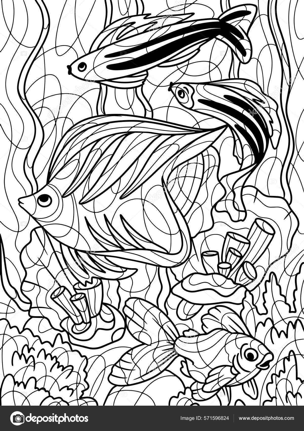Libro para colorear acuario con peces y algas fondo marino libro para colorear antiestrãs para niãos y adultos ilustraciãn de stock de toricheksgmail