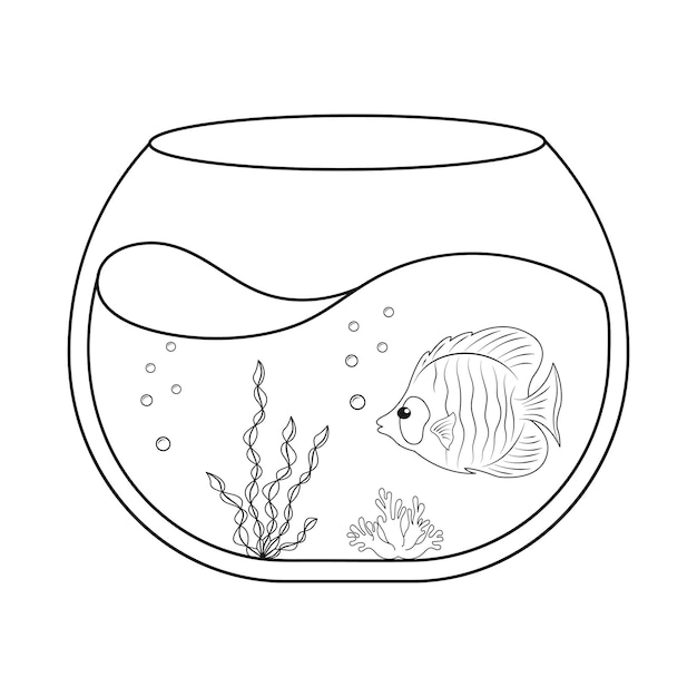 Acuario con libro para colorear de pec dibujo de contorno infantil de una mascota acuãtica vector premium