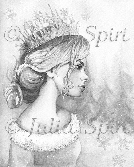 Grayscale coloring page digital stamp digi girl fantasy realistic women snow crown crafting scrap black white winter queen