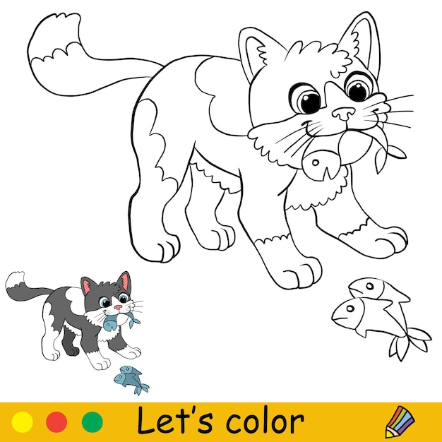 Lindo gato come un pez para colorear con plantilla vector premium