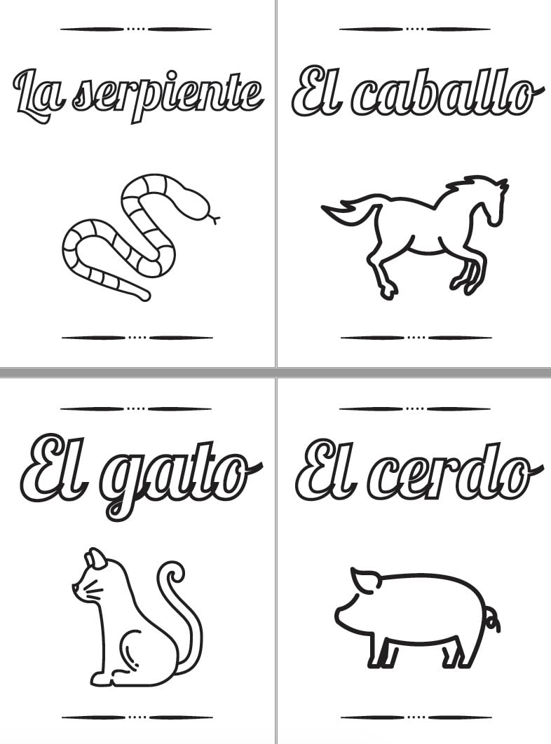 Printable coloring book learn the animals in spanish pages kids activity niãos homeschool teacher preschool classroom