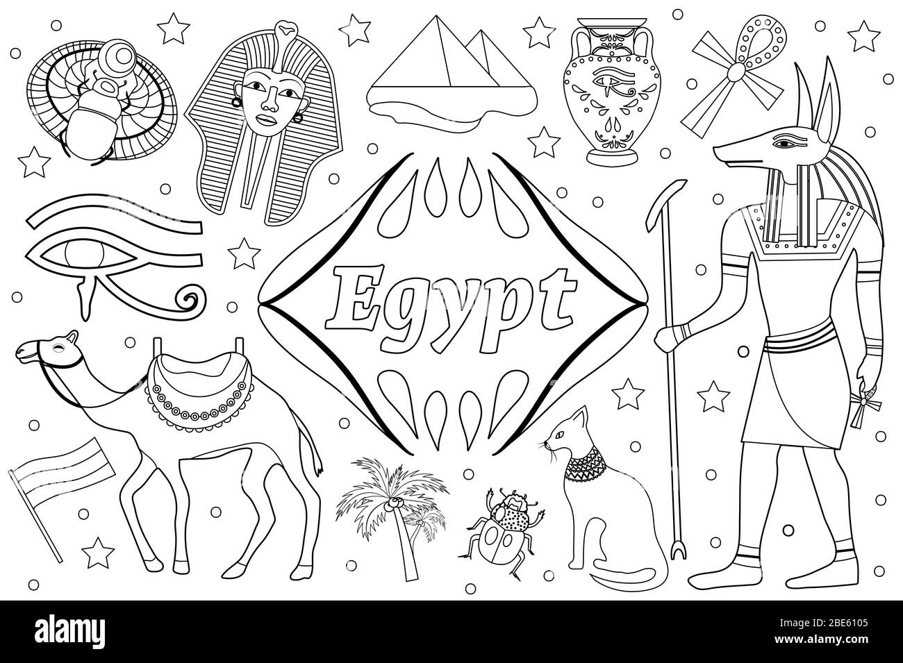 Ancient magic egypt set objects objects coloring book page for kids collection design elements witch sorrow beetles pharaoh pyramid ankh anubis stock photo