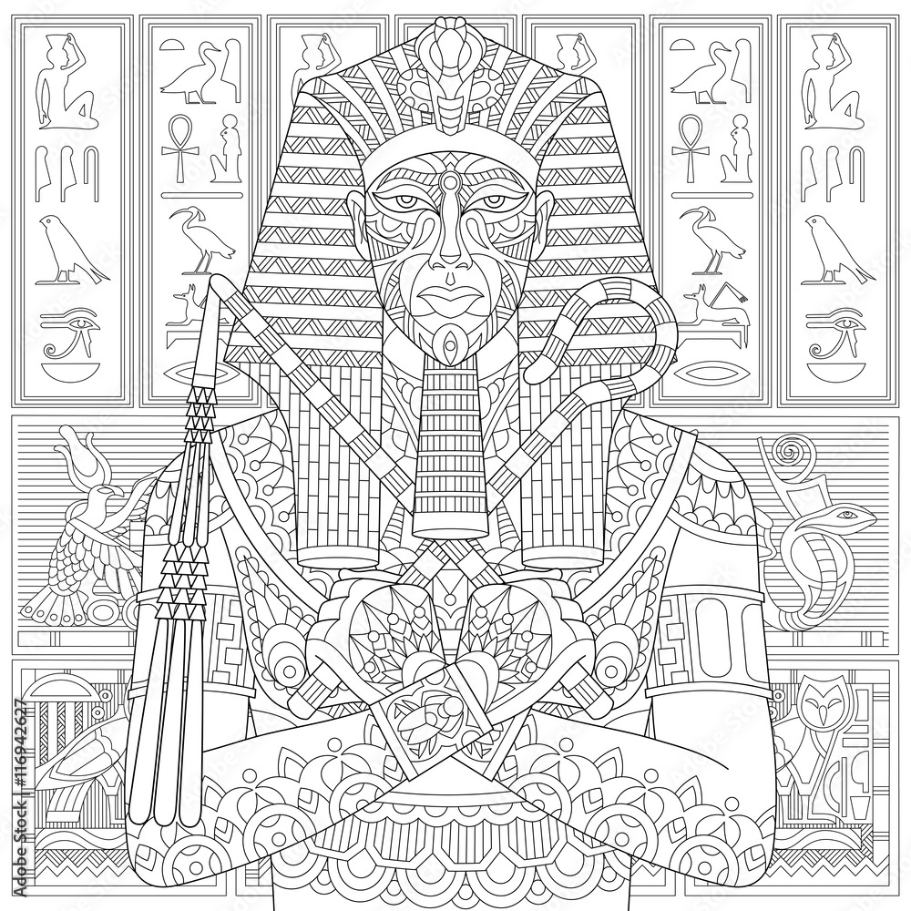 Stylized ancient pharaoh and egyptian symbols hieroglyphs on the background freehand sketch for adult anti stress coloring book page with doodle and zentangle elements vector