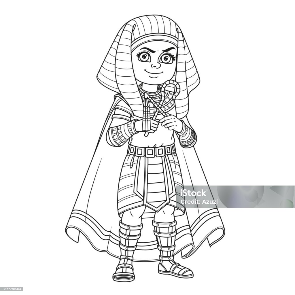 Cute boy in egyptian pharaoh costume outlined for coloring page stock illustration