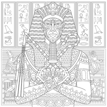 Stylized ancient pharaoh and egyptian symbols hieroglyphs on the background freehand sketch for adult anti stress coloring book page with doodle elements ù ùùø øªøµù ùù ù