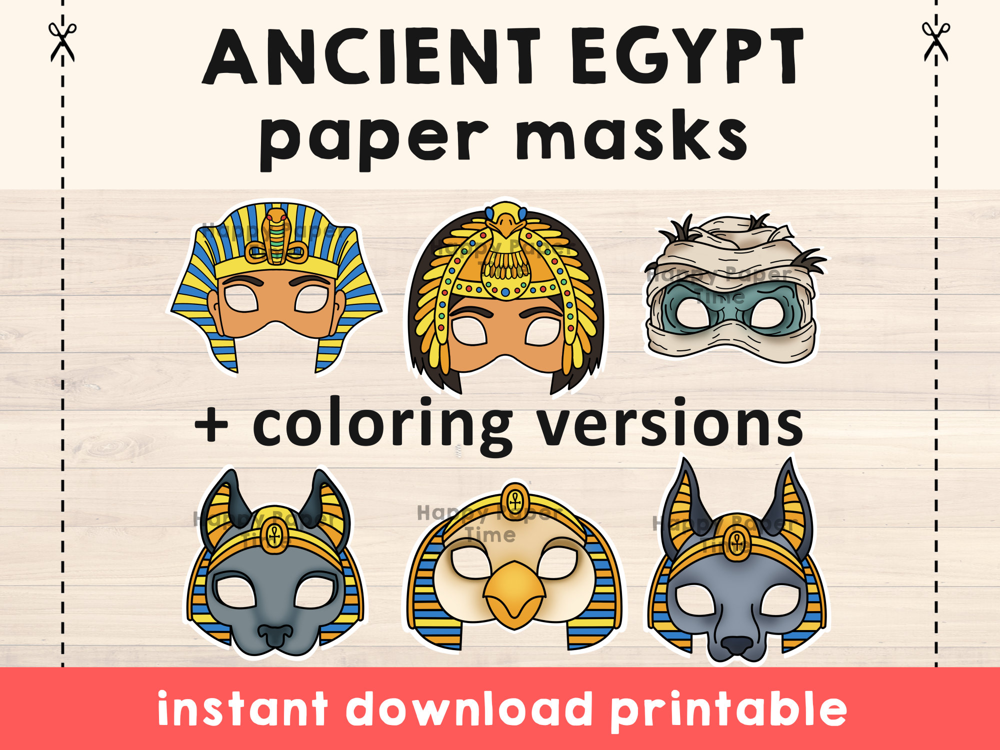 Ancient egypt masks template pharaoh cleopatra mummy horus anubis bast crafting kid party favor printable party printable instant download