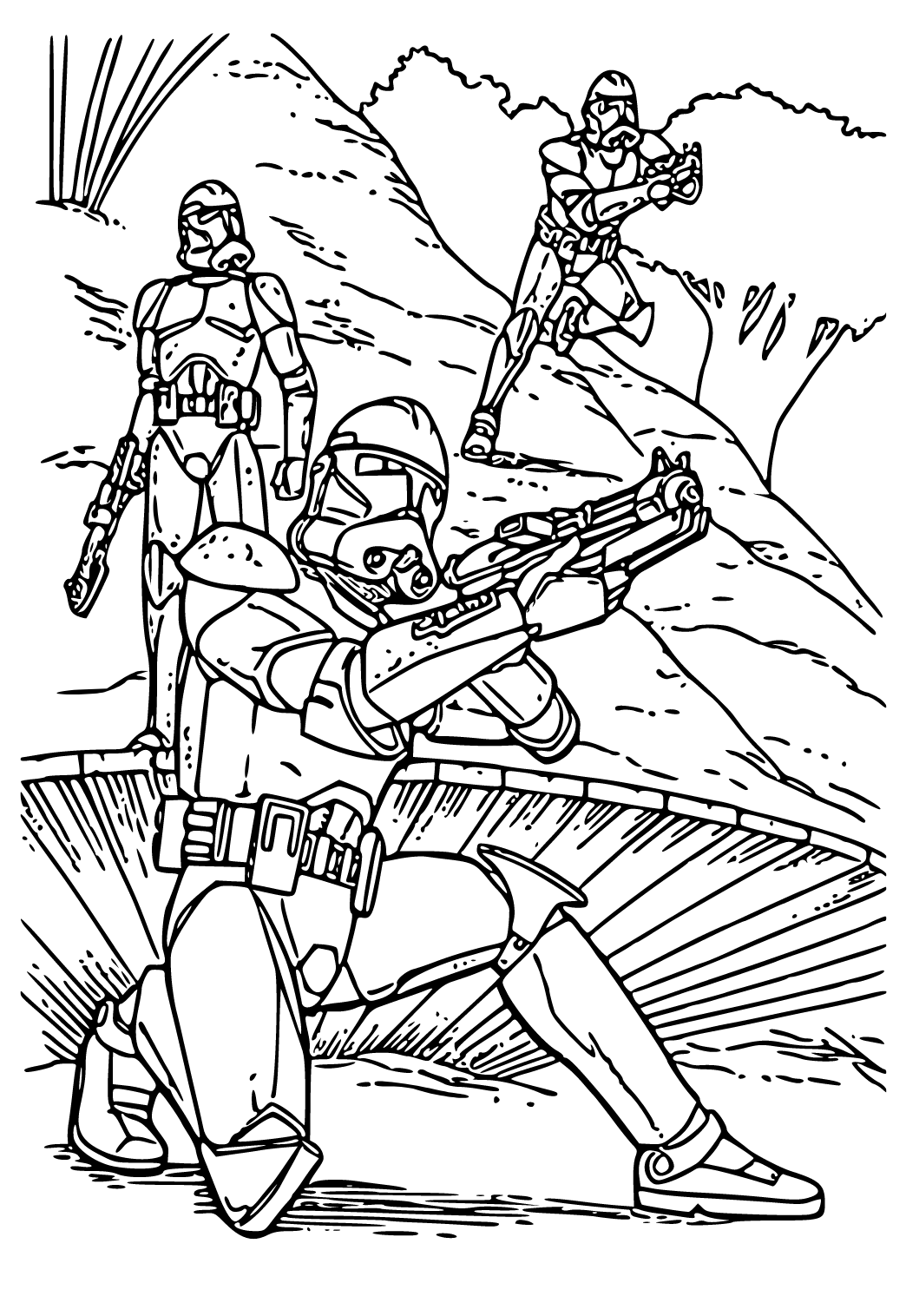 Free printable clone trooper battle coloring page sheet and picture for adults and kids girls and boys