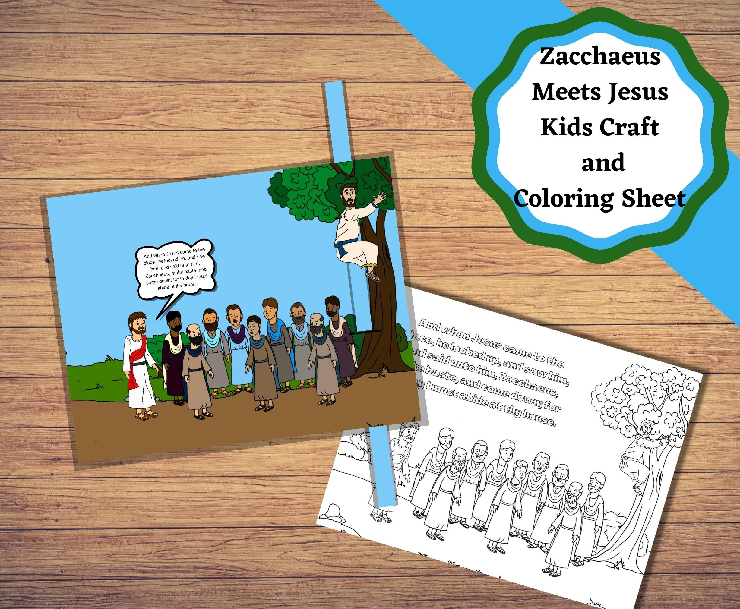 Printable zacchaeus meets jesus church craft and coloring sheet