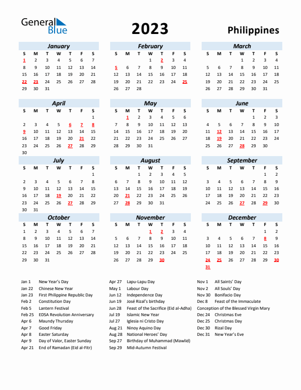 Philippines calendar with holidays