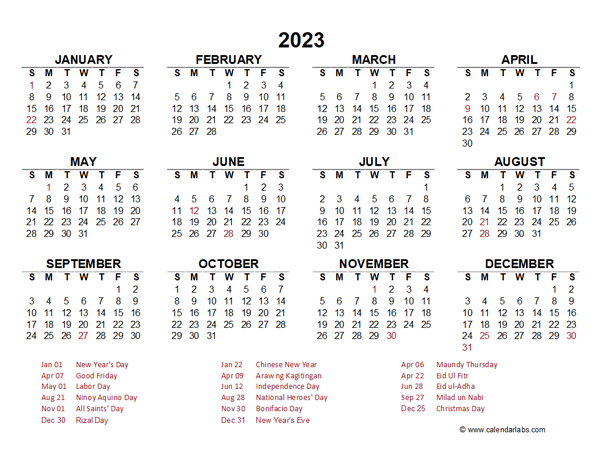 Year at a glance calendar with philippines holidays