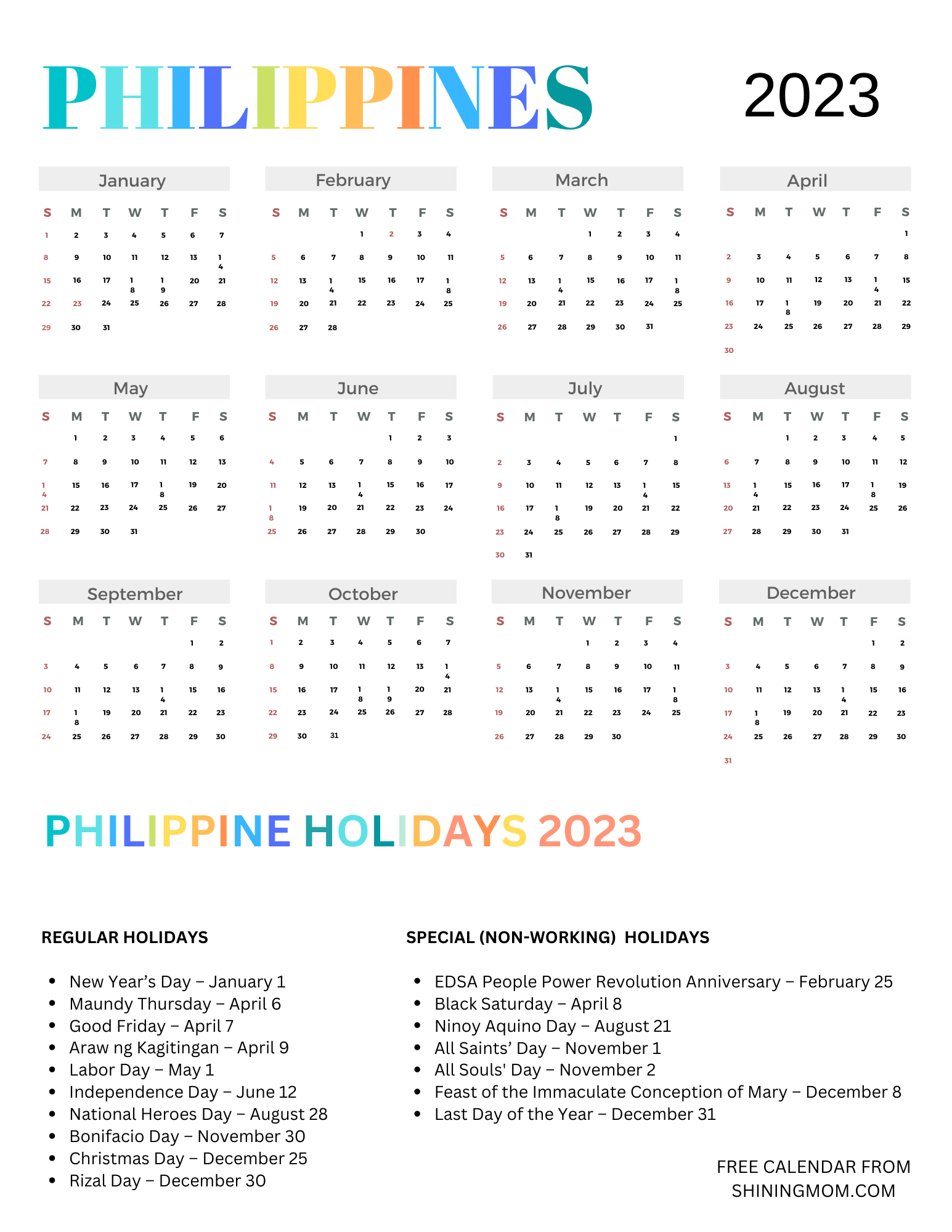 Free philippines calendars with holidays