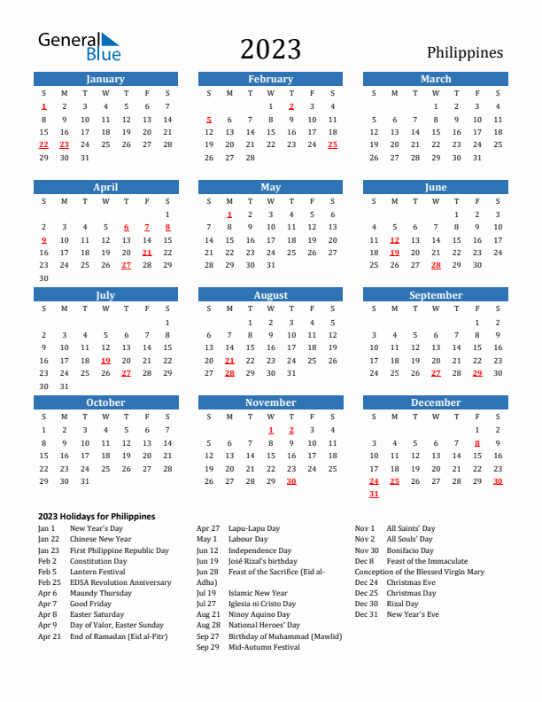 Philippines calendar with holidays