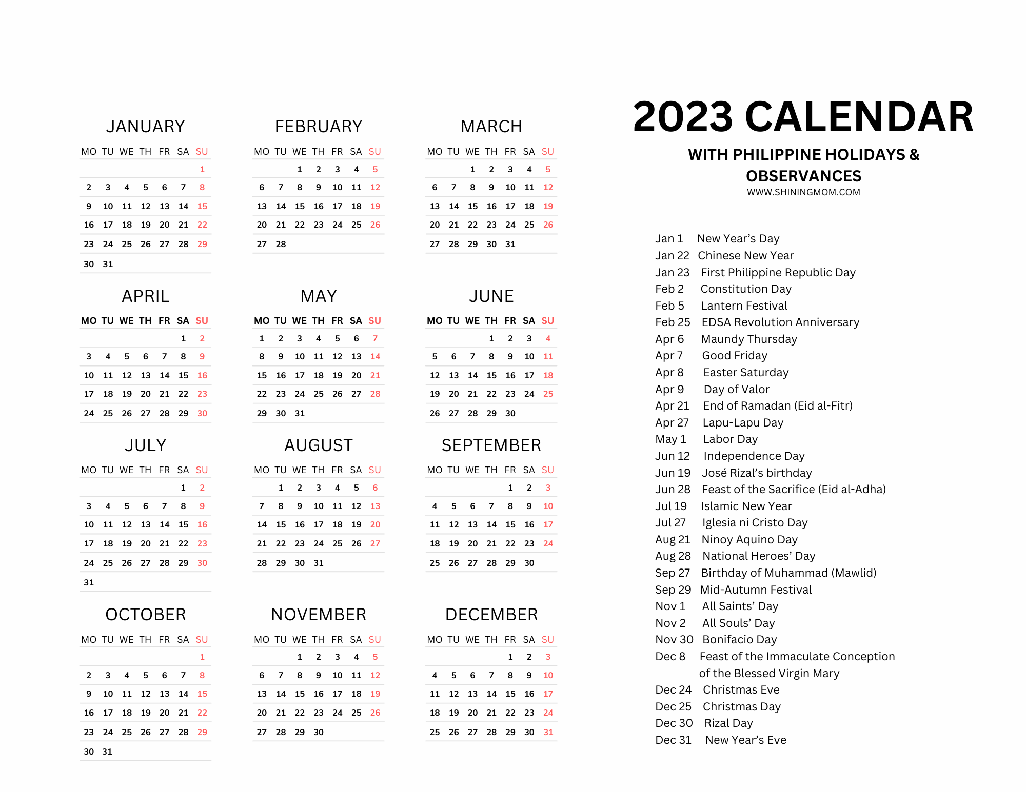 Free philippines calendars with holidays