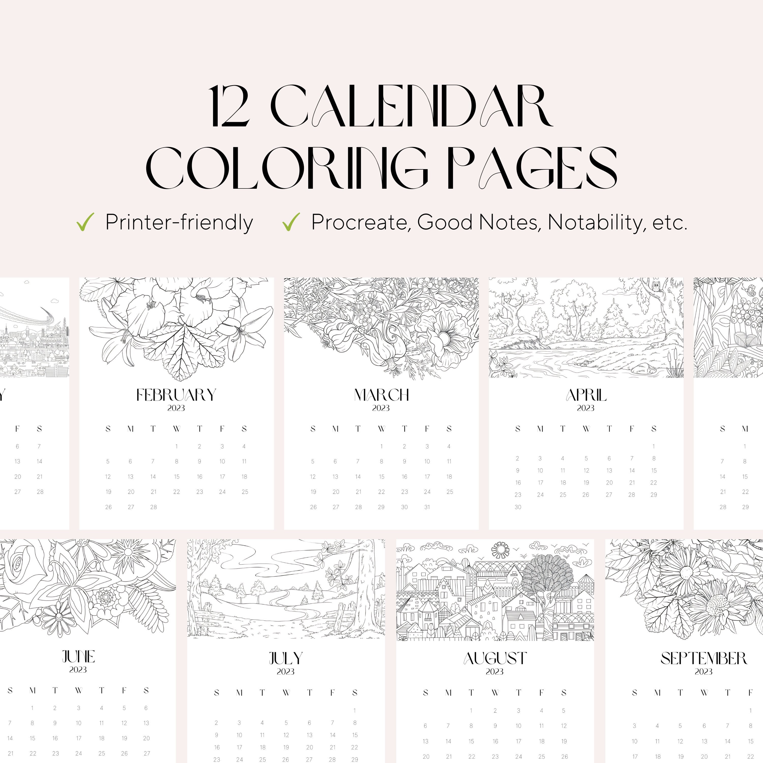 Monthly calendar coloring pages adult coloring pages stress relieve art therapy standing calendar download now